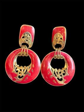 Vtg Edgar Berebi Red Enamel Dangle Statement Earrings